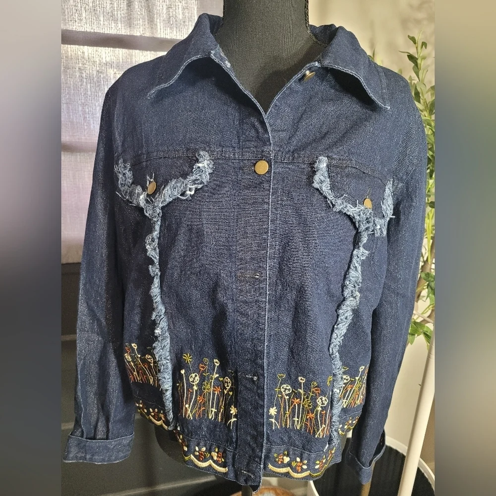 Vintage Signature By Jerell Blue Denim Jacket with Fringe Raw Hem and Embroidery